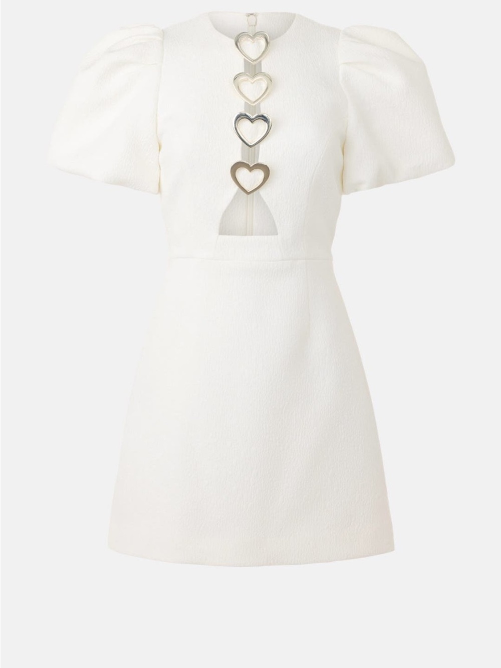 Rebecca Vallance White Puff Sleeve Mini Dress with Heart-Link Trim